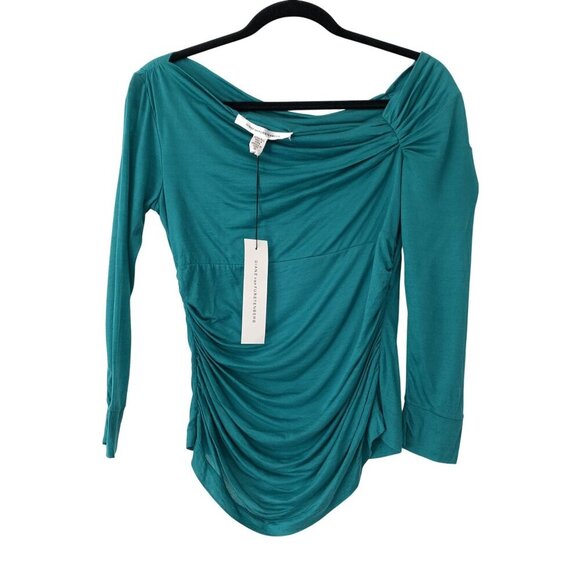 Diane Von Furstenberg Green Ruched Draped Long Sleeve Top S 100% Lyocell Stretch - Picture 1 of 8